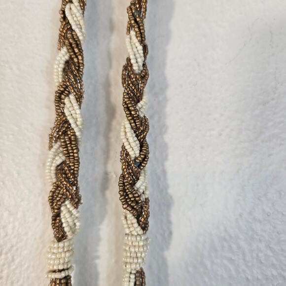 Vintage Beaded Necklace Braided Long Multistrand Cream Bronze Classic Boho Glam - Picture 6 of 12